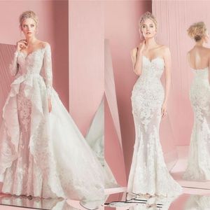 Skromny Zuhair Murad Plus Eleganckie Suknie ślubne Mermaid z odłączanym pociągiem Koronki Appliqued Suknie ślubne Vestidos de Novia Robes de Mariée