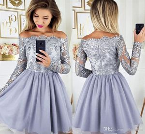 Moda elegante nuove maniche lunghe in pizzo abiti da ritorno a casa una linea con spalle scoperte appliques mini abiti da festa a coda corta dolci 16 abiti ppliques