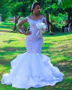 2020 New Black Girl Mermaid Wedding Dresses Plus Size Long Sleeve Bridal Gown Lace Applique Beach Sexy Wedding Gown vestidos de noche