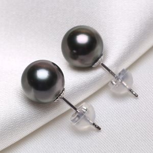 Free Shipping 8-10mm Pearl Stud Earrings Fashion Earrings Woman Gift Natural Cultured Tahitian Black Pearl 18K Gold Stud Fashion Earrings