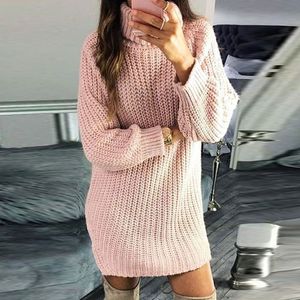 Beiläufige Gestrickte Pullover Kleid Frauen Lange Pullover Rollkragen Lange Pullover Herbst Winter Feste Lose Mini Kleider Streetwear