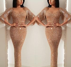 2019 Cheap Evening Dress Sexy Arabic Dubai Mermaid Sequined With Tassel Holiday Women Wear Formal Party Prom Gown Custom Made Plus Size