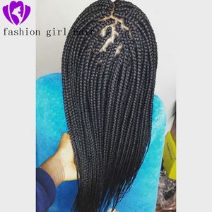 Long Braided Black Heat Resistant Fiber Synthetic Hair Wigs box Braids Middle Part Made Hand For American Women