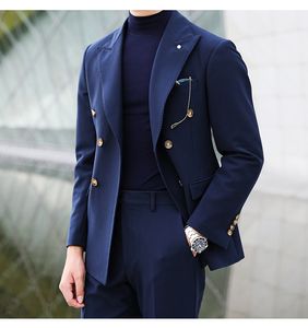Azul marinho noivo smoking double-breasted homens casamento smoking pico lapela jaqueta blazer moda homens jantar / terno darty (jaqueta + calça + gravata) 1168