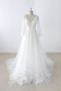 V Neck Długie Rękawy 2020 Suknia ślubna Boho Długie Rękawy Koronki Tulle A-Line Suknie Ślubne Robe Illusion Top Czeski Bridal Sukienka Plus Rozmiar