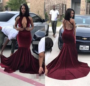 Şarap Kırmızı Mermaid Gelinlik Kadife Backless Sweep Tren Örgün Abiye giyim Kadın Arapça Parti Elbise Vestido De Noche