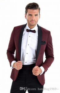 High Quality Burgundy Groom Tuxedos Slim Fits Shawl Collar Man Prom Blazer Mens Work Business Suits (Jacket+Pants+Tie) H:929