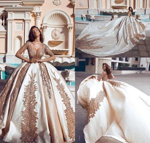 2019 New Princess Wedding Dress African Arabic Dubai Long Sleeve Gold Appliques Church Formal Bride Bridal Gown Plus Size Custom Made