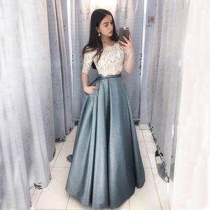 2019 Tanie wysokiej jakości sukienki Prom Dwa kawałki Illusion Lace Crop Top Pół Rękawy Off The Ramię Wieczór Party Suknie Custom Made