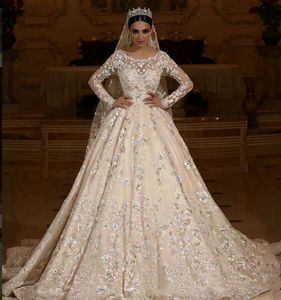 Modest Long Sleeves A Line Wedding Dresses Lace Appliques Beaded Bridal Gowns Middle East Dubai Wedding Gowns Robe De Mariee
