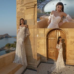 Lian Rokman Mermaid Bröllopsklänningar med långa ärmar 2020 Lace Appliques Sweep Train Beach Wedding Dress Custom Made Western Robe de Soiree