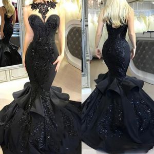 Black Fish Tail Prom Dresses Sheer Neck Lace Appliques Sleeveless Mermaid Evening Gowns Satin Ruffles Floor Length Cocktail Party Dress