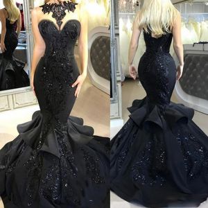 Schwarze Ballkleider mit Fischschwanz, durchsichtiger Ausschnitt, Spitzenapplikationen, ärmellose Meerjungfrau-Abendkleider, Satinrüschen, bodenlanges Cocktailpartykleid