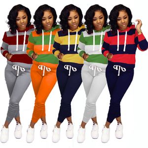 Plus size 2XL Women outfits 2 pieces set tracksuit hooded hoodies top+tights casual stripe patchwork winter fall jogger suit sweatsuit 1511