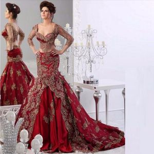 2020 Nowy Nowy 2021 Długie Red Mermaid Suknie Arab Dubai Kaftan Formalnie Eleganckie Złote Kalkomanie Party Dress Suknie Wieczorowe Vestidos de Festa