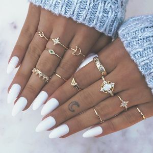 Guld Knuckle Ring Set Diamond Crown Bow Moon Star Ringar Kombination Stacking Ring Midi Ringar Kvinnor Smycken Will och Sandy Gift