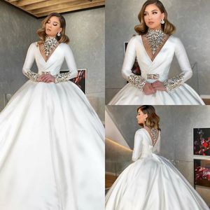 2020 Kryształy Suknie ślubne Vestidos De Novia Długie Rękawy Satin Balowa Suknia Vintage Suknia Ślubna Luksusowe Robes De Mariée