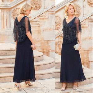 Vintage Cheap Mother Off Bride Dresses Chiffon Navy Blue V Neck Beading Crystal Short Cap Sleeves Ankle Length Mother Of The Bride Dress