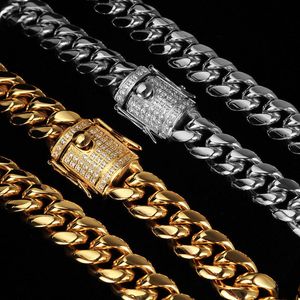 الذهب شغلها الرجال النساء ميامي الكوبي سلسلة قلادة الفولاذ الصلب الهيب هوب مثلج خارج بلينغ مجوهرات مزدوجة المشابك السلامة مع الماس المختنقون