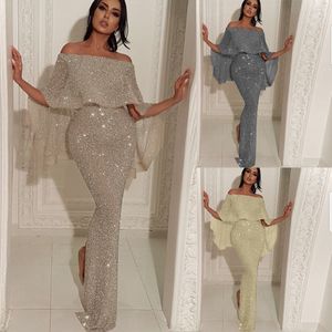 Full Sequins Reflective Mermaid Blue Prom Dresses Beads off shoulder Long Sleeves Evening Gowns With Tassels Sweep Train Formal Party Dress