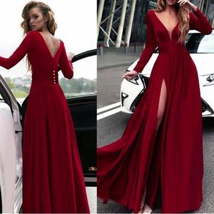 2020 Elegant Red Long Prom Dresses Long Sleeve V Neck Floor Length Backless Evening Gowns Formal Women Special Occasion Party Dresses