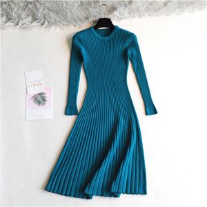 2019 frau Elegante Herbst Winter Solide Frauen Dicken Pullover Volle Hülse Lange A-line Robe Stricken Kleid J190529