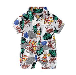 Hawaii Beach Style Boys Casual Romper INS Summer Leaf Printed Short Sleeve Kids Jumpsuit Fashion Lapel Bow Tie Toddler Onesie Y1705