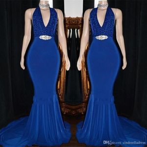 Arrivo Africano New Sexy Royal Blue Mermaid Dresses Halter Neck Long Prom Comun per Girls Black Girls Formale Evening Wear Mal