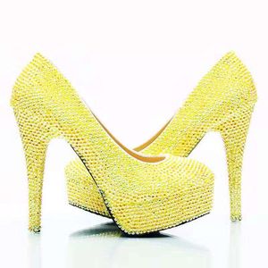 Scarpe da sposa Diomond giallo pieno lucido Décolleté Scarpe da sposa con tacco alto Scarpe da ballo Bling Bling da 14 cm per signora