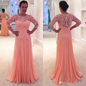 2019 Peach Mother of the Bride Dresses Jewel Neck Long Sleeves Formal Evening Gowns Plus Size Wedding Party Guests Gowns Custom