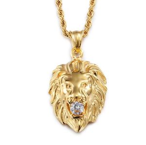 Colar masculino com pingente de cabeça de leão de aço inoxidável 316L dourado e prateado strass incrustado com corrente de elos GB1267
