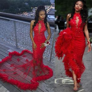 Dubai Prom New Dresses Mermaid High Neck Keyhole Red Lace Appliques Beads Feathers Open Back Sheer Skirts Formal Evening Party Dress