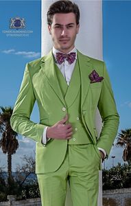 Doskonała Trawa Green Groom Tuxedos Notch Lapel Slim Fit Man Wedding 3 Piece Suit Men Business Dinner Prom Blazer (kurtka + spodnie + krawat + kamizelka) 600