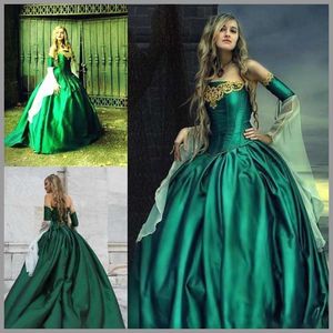 Gorset Renaissance Emerald Prom Dresses Trendy Bez Ramiączek Długie Rękawy Plus Size Wiktoriański Suknie Wieczorowe Lace Up Queen Quinceanera Suknie