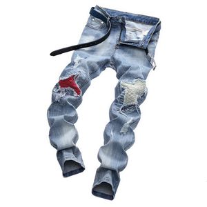 Mäns Jeans Oeak 2021 Mens Hip Hop Ripped Printed Pencil Byxor Skinny Male Motorcycle Denim Fashion Brand Biker