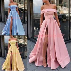 Vacker High Split Satin Arabiska Aftonklänningar Pagant Bateau Neck 2019 Saudiarabien Party Prom Gown Robe de Soiree Formell Gäst