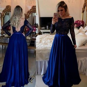 Blue Sexy Backless Prom Dresses Long Illusion Sleeves Satin Ribbon Bow Lace Applique Scalloped Graduation Party Formal Eevening Gown