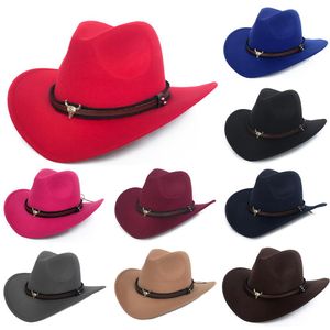 Winter Fedora Hat Men Women Metal cow head western cowboy woolen jazz hat felt hat Wide Brim Hats