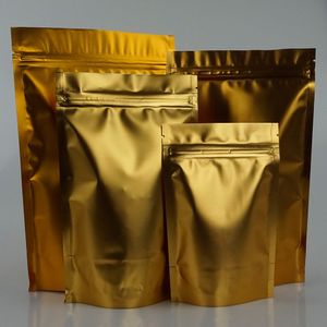 100 unidades / pacote, 9 * 13 cm de pé saco de ziplock folha de alumínio dourado fosco, revestimento de embalagem de coco aluminizing ouro bolso resealable, saco de amendoim