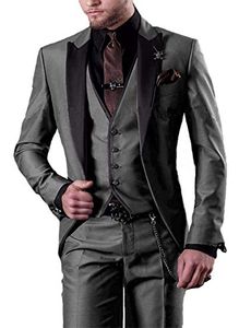 Fashionable One Button Grey Groom Tuxedos Peak Lapel Men Wedding Party Groomsmen 3 pieces Suits (Jacket+Pants+Vest+Tie) K231