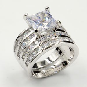 Tamanho 5-10 Atacado Jóias de Shinning Profissional 925 Princess de Prata Esterlina Corte Branco Topázio CZ Diamante Casal Anéis De Casamento Anel de Noiva