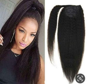 African american Coarse yaki Kinky straight Brazilian virgin Clip wrap around Draw string ponytail Human hair extension 18" 120g