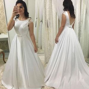 2019 Modern Satin Wedding Dresses Crew Neck Lace Appliqued Sheer Capped Short Sleeves A-line Backless Bridal Gowns with Bow Sash Sweep Train
