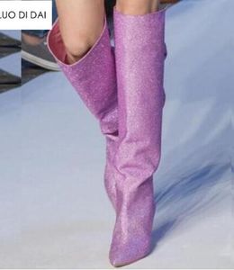 2019 جديد إمرأة الترتر الوردي الأحذية الركبة عالية الجوارب رقيقة كعب فوق الركبة أحذية عالية السيدات حزب أحذية سوداء الجوارب الجلدية النساء