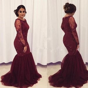 New Elegant Bury Evening Dresses Wear For Women Jewel Neck Long Sleeves Illusion Mermaid Beads Lace Appliques Party Prom Gowns