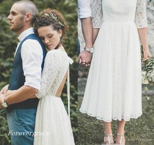 2019 Nowy Zaprojektowany Czeski Krótki Koronki Lato Długość Herbaty Suknia Weddingowa Styl Western Bridal Suknia Custom Made Plus Size