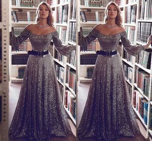 Slivery A Line Evening Dresses Off Shoulder Poet Long Sleeve Sash Sequins Tulle Prom Dress Floor LengthTiered Skirts Special Occasion Gowns