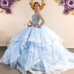 Major Frezowanie Crystal Light Blue Quinceanera Suknie Suknia Balowa Plus Size Prom Dresses Sheer Długie Rękawy Sweet 16 Evening Dress Custom