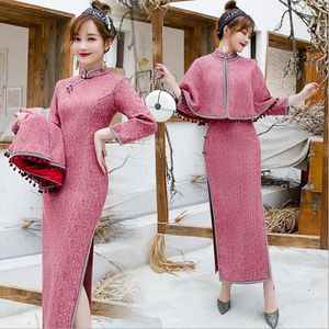 Venda quente inverno vintage clássico moda capa gola cheongsam fino vestido de lã modificado manga longa cheongsam estilo chinês