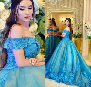 Teal Blue Chapel Train Wedding Dresses Ball Gown 2020 Flowers Lace Beaded Applique Off The Shoulder Pageant Dress Sweet 16 Dress Girls